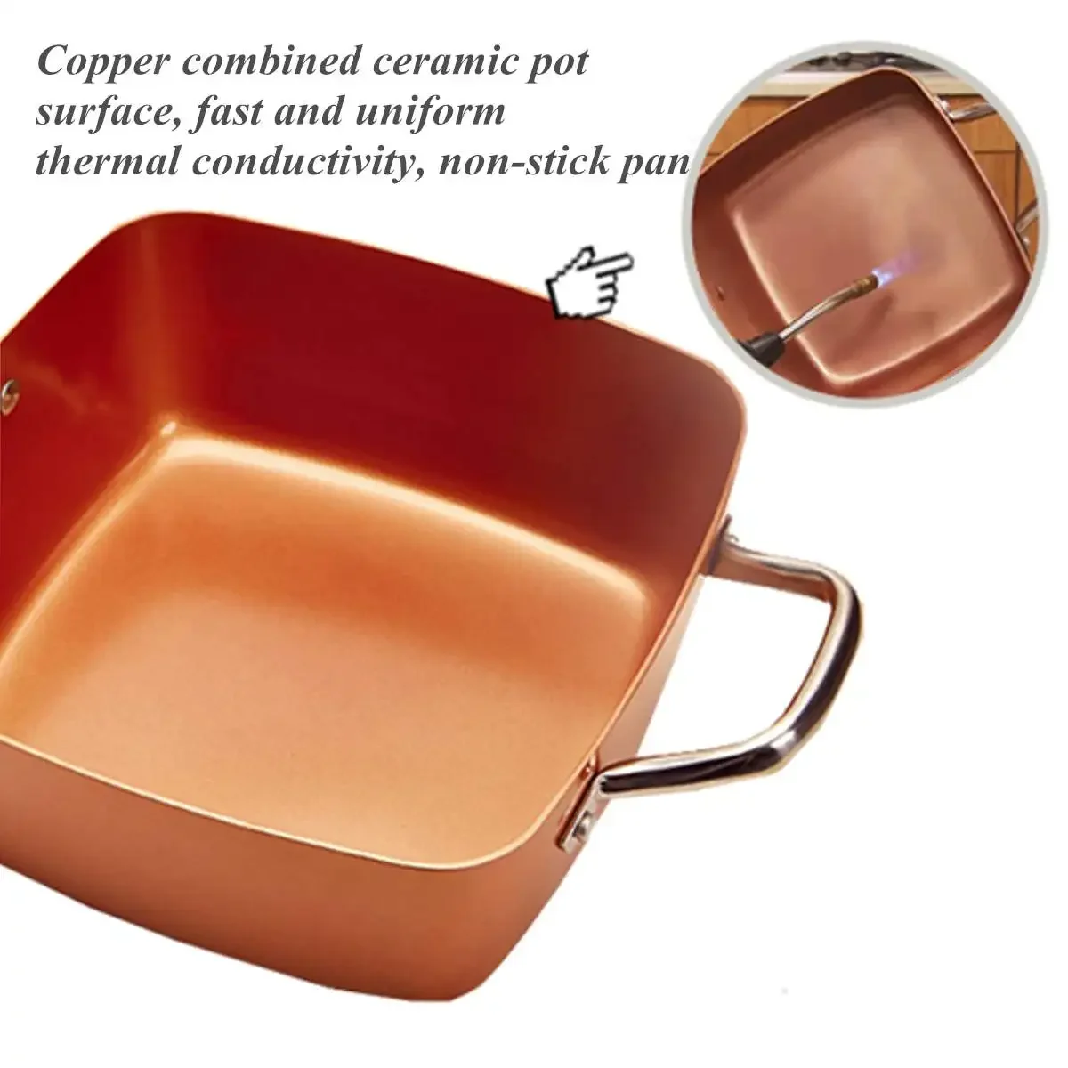 Ceramic Non Stick Copper Square Pan, Induction Chef Glass Lid, Fry Basket, Steam Rack, Inch, Pcs Set ()