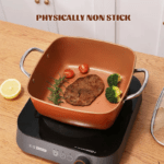 Ceramic Non Stick Copper Square Pan, Induction Chef Glass Lid, Fry Basket, Steam Rack, Inch, Pcs Set ()