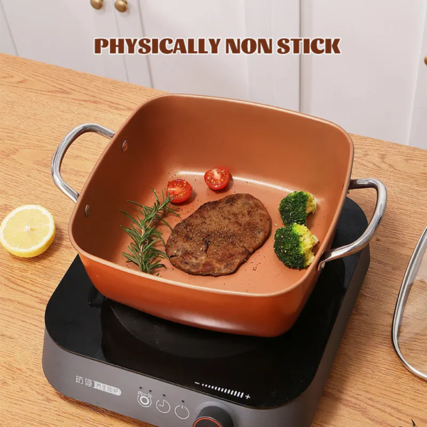 Ceramic Non Stick Copper Square Pan, Induction Chef Glass Lid, Fry Basket, Steam Rack, Inch, Pcs Set ()