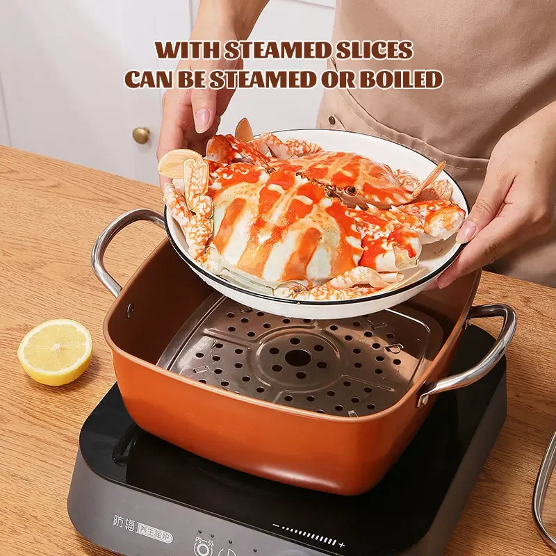 Ceramic Non Stick Copper Square Pan, Induction Chef Glass Lid, Fry Basket, Steam Rack, Inch, Pcs Set ()