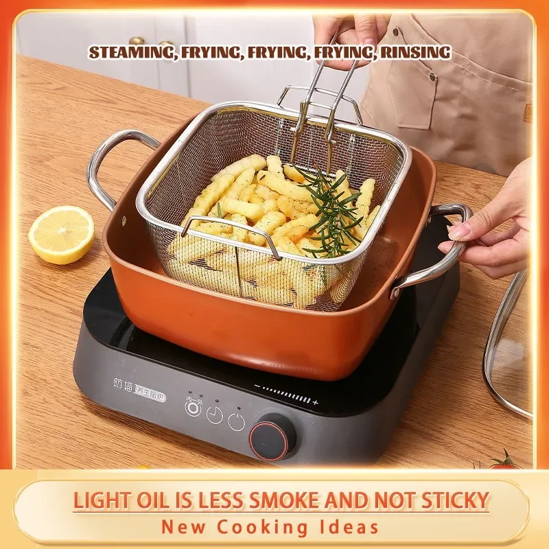 Ceramic Non Stick Copper Square Pan, Induction Chef Glass Lid, Fry Basket, Steam Rack, Inch, Pcs Set