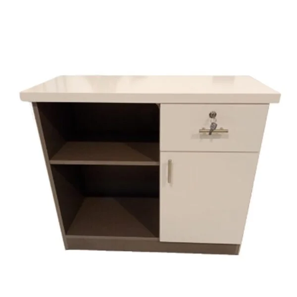 Side rack having multiple storage one drawer, one cabinet and open shelf